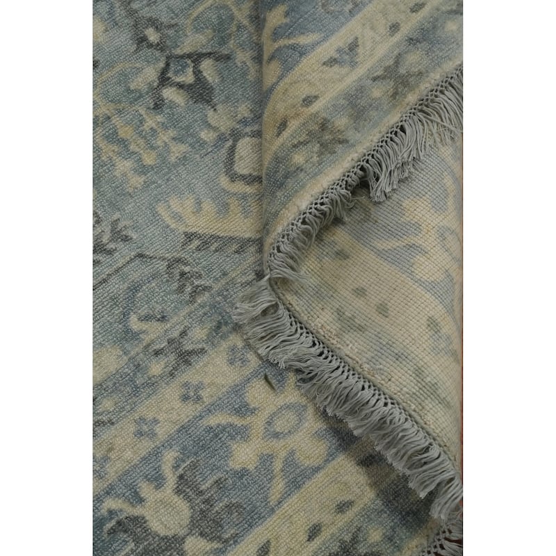 Hand-knotted Transitional Silk Carpet Blue Oushak Rug Geometric Oriental Area Rug - 9' 10'' X 6' 6''