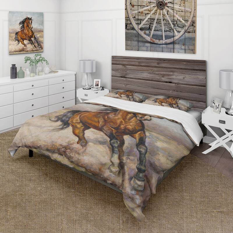 Designart 'Painting Of A Horse In The Race' Farmhouse Duvet Cover Set