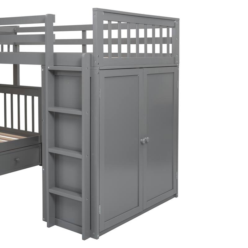 L-Shaped Bunk Bed with Storage Stairs, Fold Desk, Wardrobe, Twin - Twin Over Full Bed with Pull-out Underneath Storage Drawers