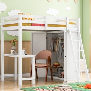 Twin Size Loft Bed With Wardrobe and Desk and Shelves for Home