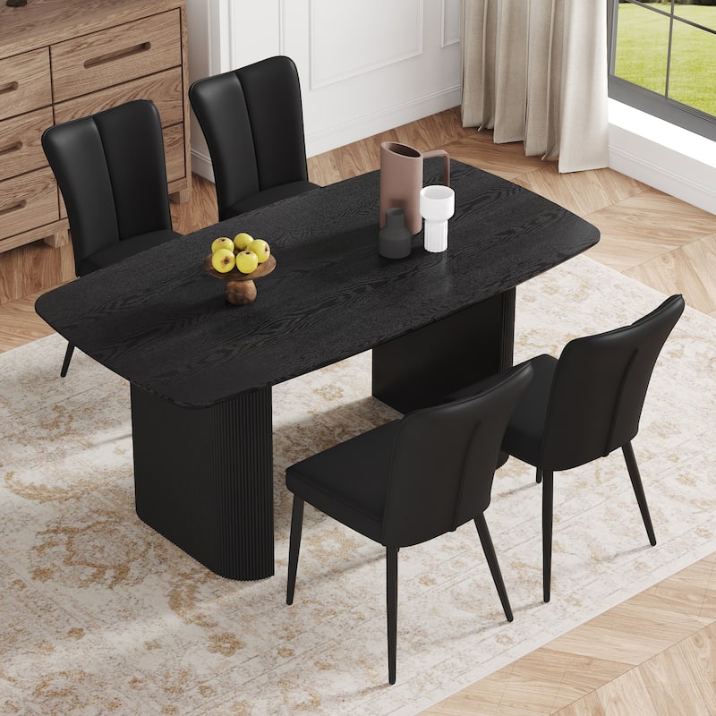 5-Piece Dining Table Set.67 * 35.4 inch wood grain MDF dining table with 4 PU chairs with a vertical stripe design