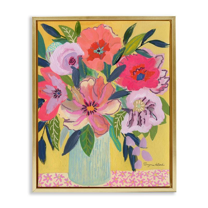 Stupell Vibrant Pink Bouquet on Yellow Framed Floater Canvas Wall Art Design By Suzanne Allard - 17 x 21 - Gold