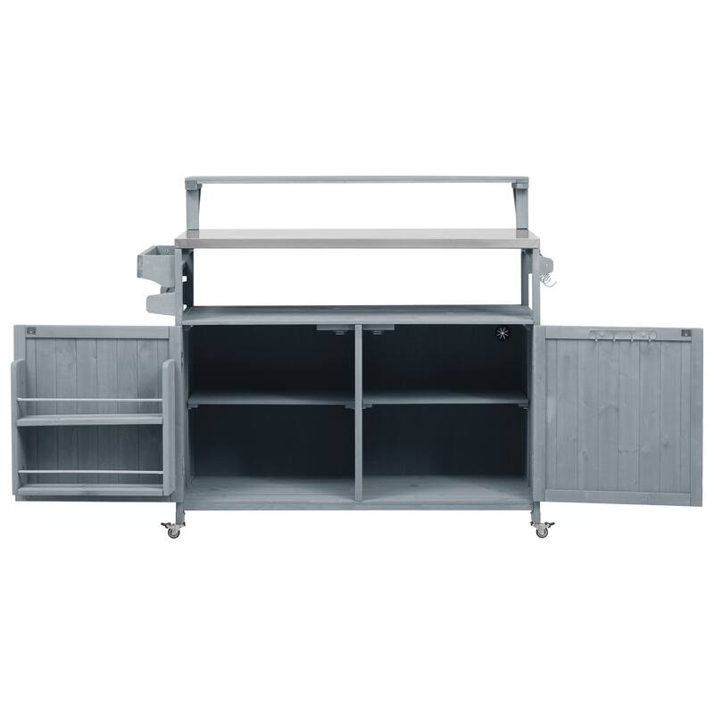53.3" Outdoor Kitchen Island with Stainless Steel Top, Raised Shelf Solid Wood Storage Cabinet Outdoor Rolling Grill Cart