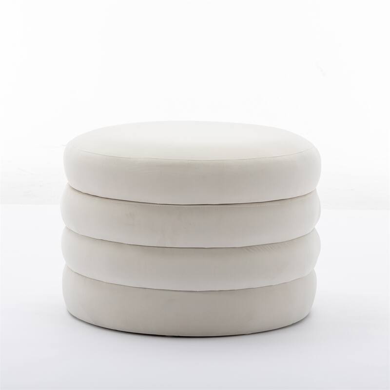 Fabric Storage Round Ottoman Footstool with Wooden Shelving - Ivory Velvet