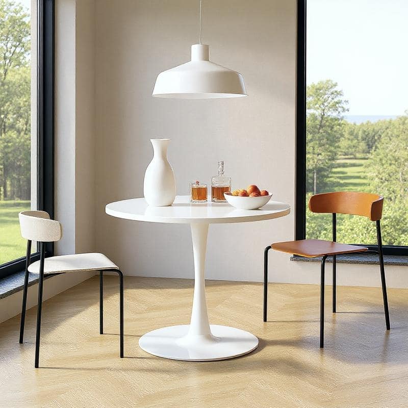 Grondin Mid-Century Modern Round Kitchen or Dining Table with Premium MDF Top and Steel Pedestal Base for Dining Room
