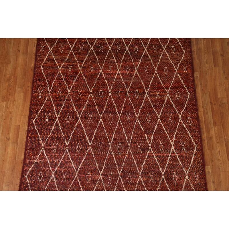 Hand Knotted Oriental 100% Wool Carpet Modern Geometric Red Moroccan Area Rug - 7' 10'' X 5' 7''