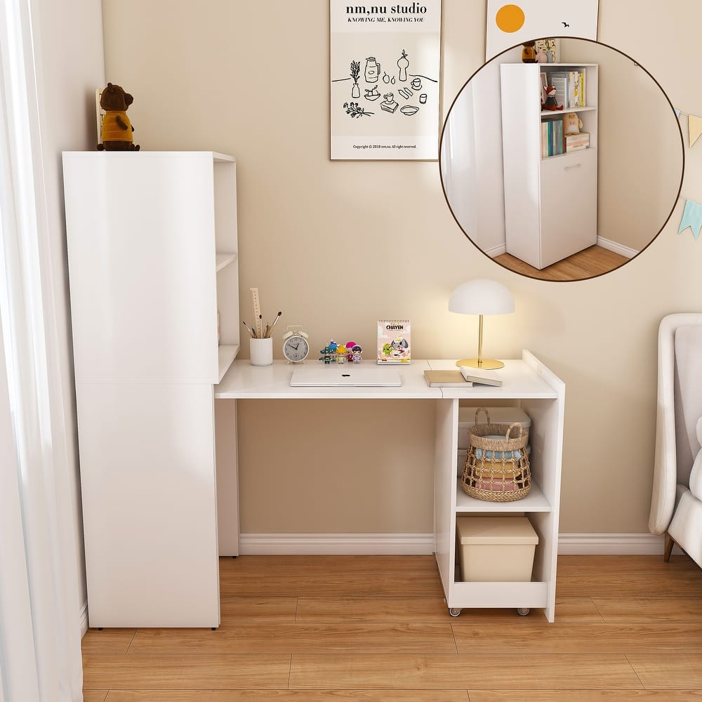 Stretchable desk, office desk with storage shelves and mobile wheels, suitable for small apartments and offices