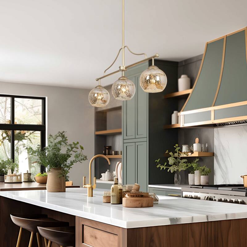 Ziv Mid-Century Modern 3-Light Gold Linear Chandelier Mercury Glass Island Lights for Dining Room - 28.5" L x 5.5" W x 13" H