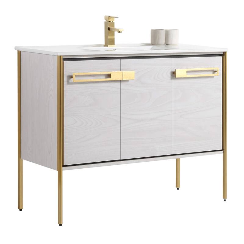 Fine Fixtures Oakville Bathroom Vanity with White Ceramic Sink - 42 Inch - Mild Grey Oak - Satin Brass Hardware