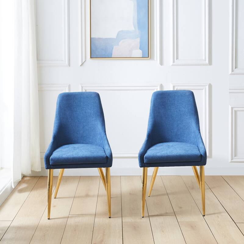 Set of 2 Classical Upholstered Accent Dining Chairs with Steel Legs - Blue+Gold