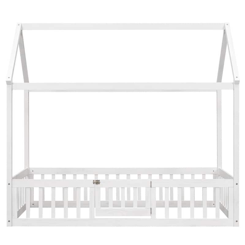 Twin/Full Size Wood Bed House Bed Frame with Fence and Door, Cabin Bed