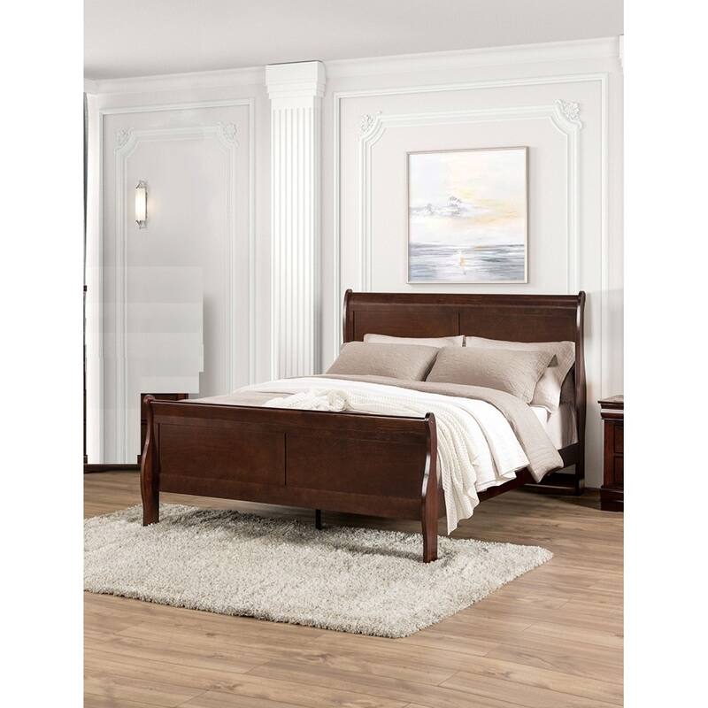 Full Size Dark Cherry Sleigh Bed with Wooden Bracket Feet