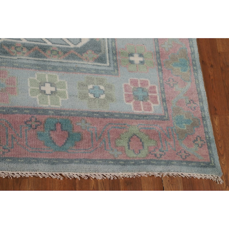 Blues Pink Geometric Oushak Indian Area Rug Handmade Wool Carpet - 8'0" x 10'0"