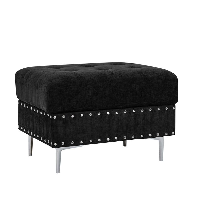 Roomfitters Sectional 3-Seater Sofa with Chaise, Storage Ottoman, Metal Legs, Nailhead Trim and Two Pillows