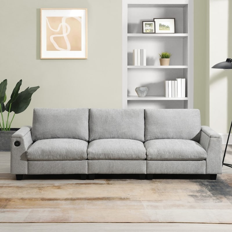 96'' Sectional Sofa with Bluetooth Speaker, Drop Down Table, USB Charger, Storage Armrest - Grey