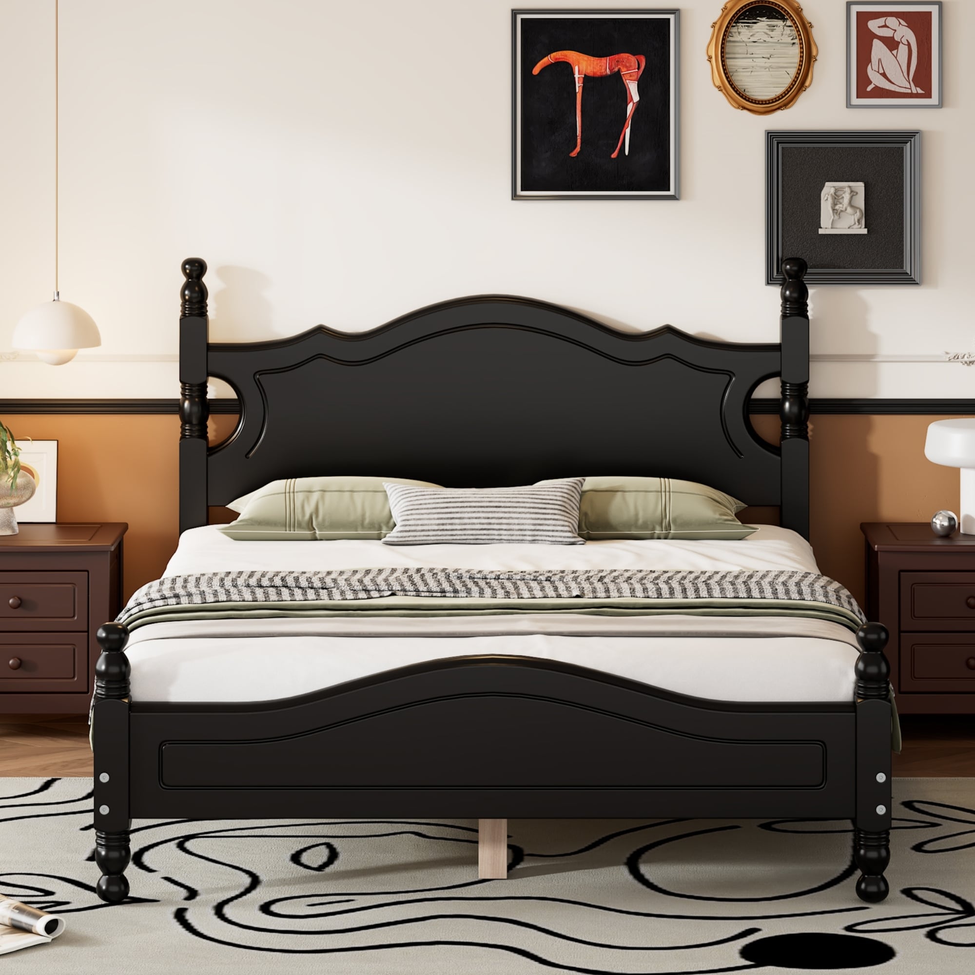 Full Size Wood Platform Bed Frame, Retro Style Platform Bed with Wooden Slat Support, Black