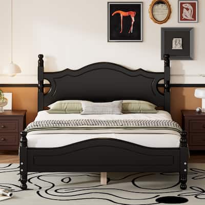 Retro Platform Bed Solid Wood Platform Bed Frame with Headboard and Footboard, Classic Wood Slat Support Bed