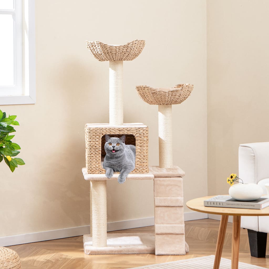 48 Inch Cattail Cat Tower with Sisal Scratching Posts Perch and Condo - 24” x 19” x 48“(L x W x H)