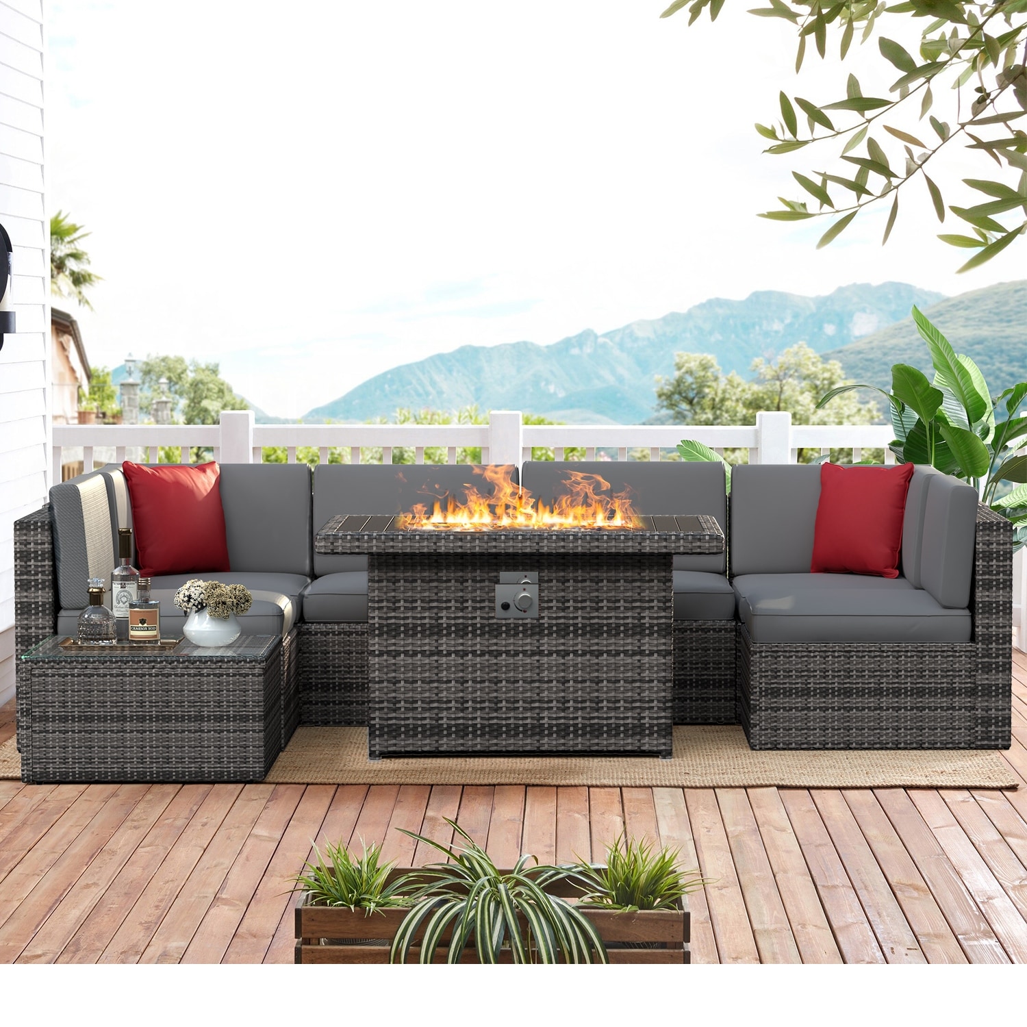 Aoxun Patio Furniture Set 8PCS with 40 Fire Pit Table Outdoor Sectional  Sofa Set Wicker Furniture Set with Coffee Table(Brown)
