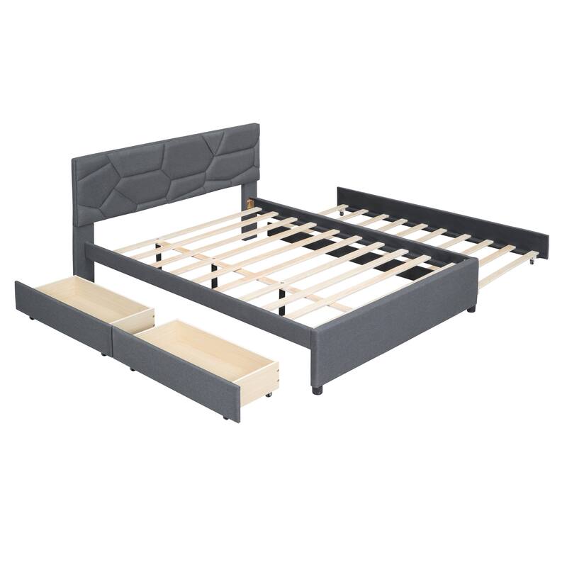 Upholstered Platform Bed with Trundle, 2 Drawers, Headboard - Gray - Queen
