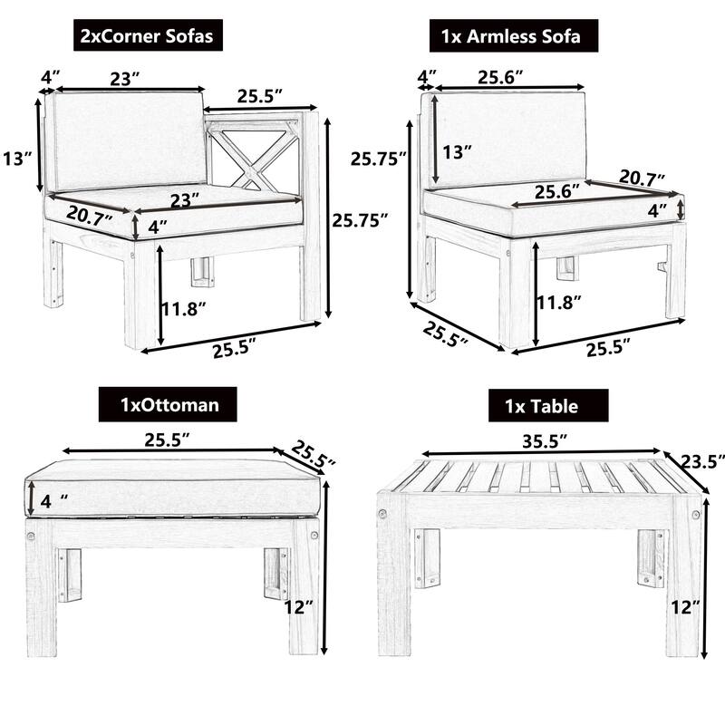 5-Piece Acacia Wood Sectional Patio Sofa Set with Cushions