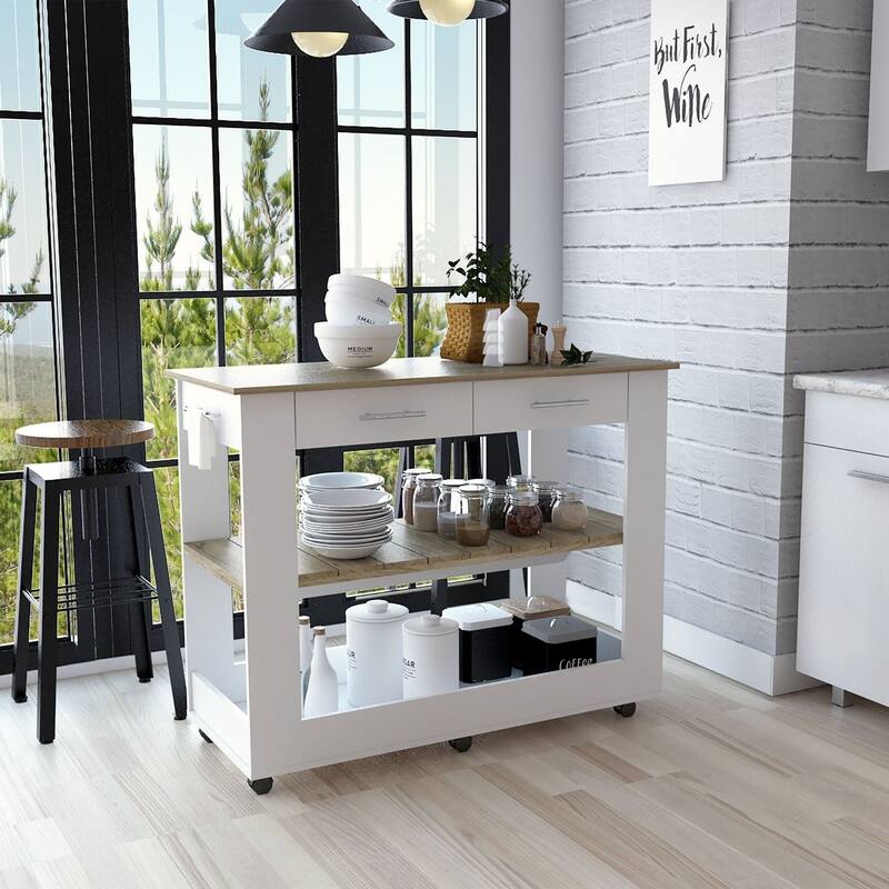 36" Kitchen Island with Storage Drawers, Casters, Towel Rack, White & Oak Finish, Modern Design