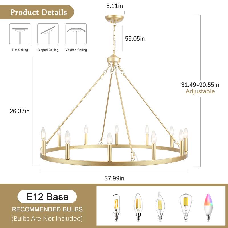 12-Light 37.99 in. Rustic Wagon Wheel Chandelier for Bedroom Kitchen