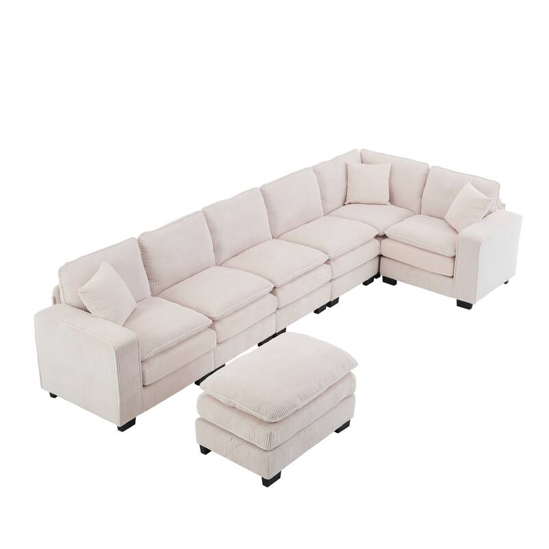 Corduroy Upholstered U-shaped Chaise Sectional Sofa Modular Sleeper Sofa Bed Deep Seat Couch with Ottoman and Pillows
