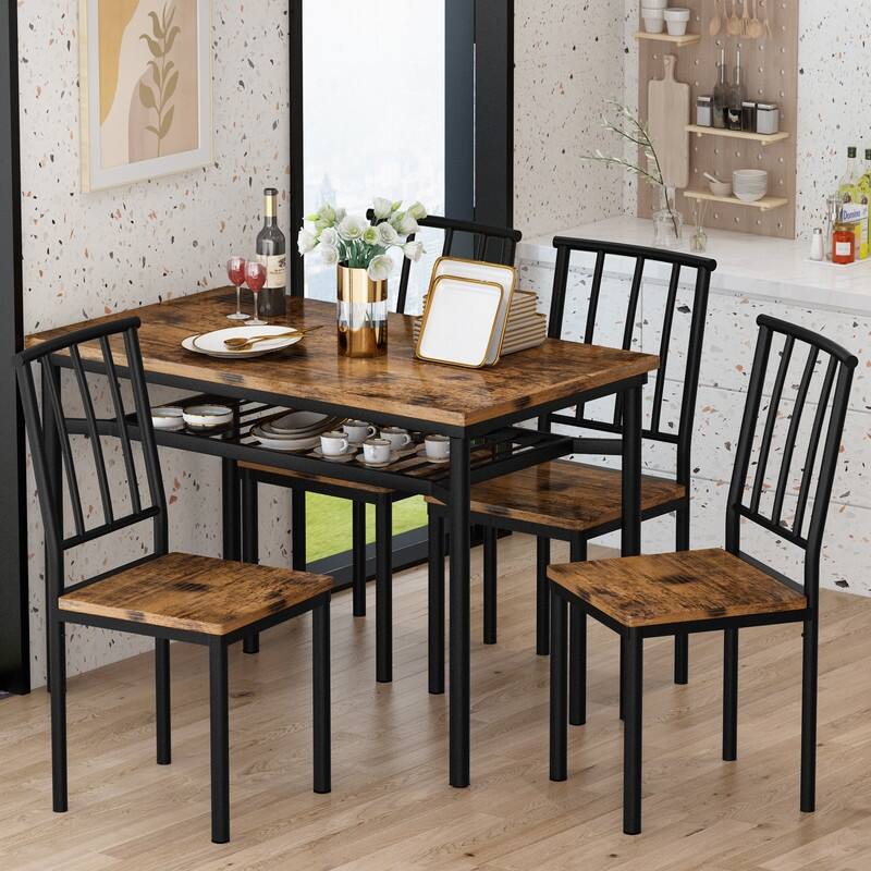 Modern Industrial Dining Table Set for 4, 5-Piece Wood Kitchen Table and Chairs, Dining Room Table Set with Storage Rack - Rustic Brown