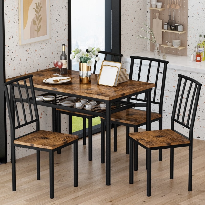 Modern Industrial Dining Table Set for 4 5 Piece Wood Kitchen