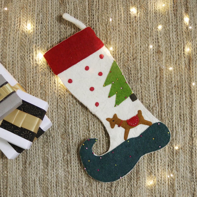 Novica Handmade Cute Reindeer Applique Wool Felt Beaded Christmas Stocking
