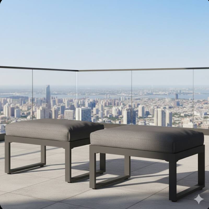 Set of 2 26" Aluminum Patio Ottomans with Thick Gray Cushions