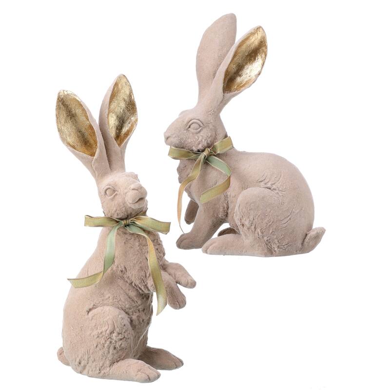 Resin Flock Bunny With Bow 11" Set of 2