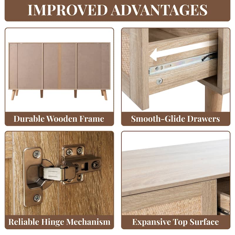 Rattan Sideboard Buffet Cabinet with 2 Doors, 3 Drawers, and Storage