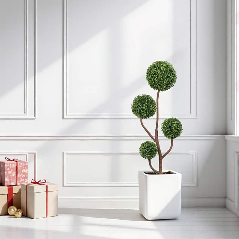 Artificial Boxwood Topiary Tree, Triple Ball, Indoor Outdoor Home Office Decor, 1pc Set