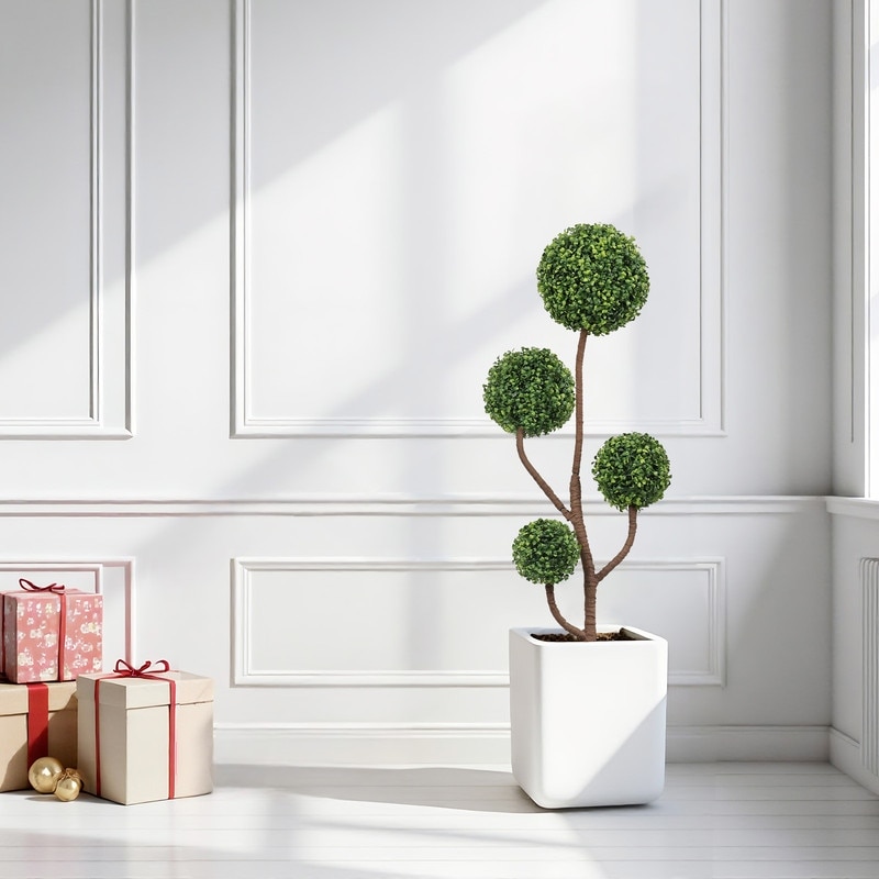 Artificial Boxwood Topiary Tree, Triple Ball, Indoor Outdoor Home Office Decor, 1pc Set
