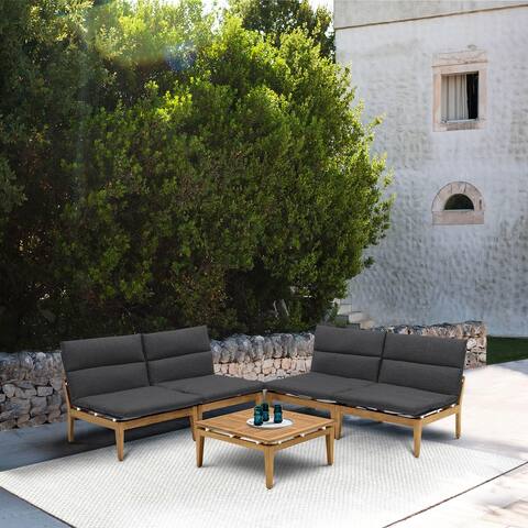 Arno Outdoor 5 Piece Teak Wood Seating Set in Charcoal Olefin