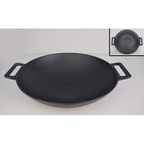 Jim Beam 12'' Pre Seasoned Heavy Duty Construction Cast Iron Grilling Wok, Jim Beam 12'' Pre Seasoned Heavy Duty Construction Cast Iron Grilling Wok,
