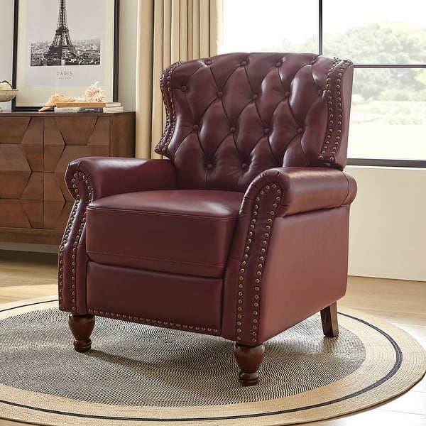 slide 2 of 11, Justine Transitional Genuine Leather Tufted Back Manual Recliner with Nailhead Trim and Rolled Arms by HULALA HOME Burgundy