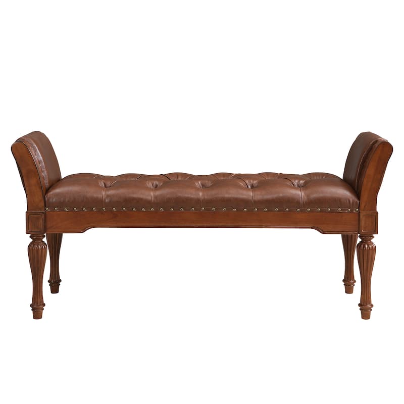 Christopher Knight Home - Mid-Century Classic Sleek Button-Tufted PU Leather Upholstered End-of-Bed Bench with Rolled Arms