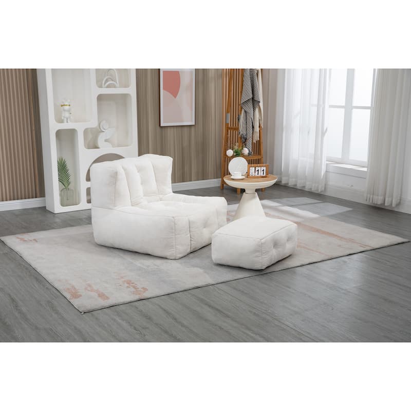Lshape White Fluffy Bean Bag Chair Lazy Loveseat with Ottomans Bed