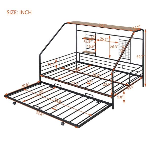 dimension image slide 2 of 4, Metal House Bed with Trundle and Roof for Kids, Boys and Girls, Bedroom