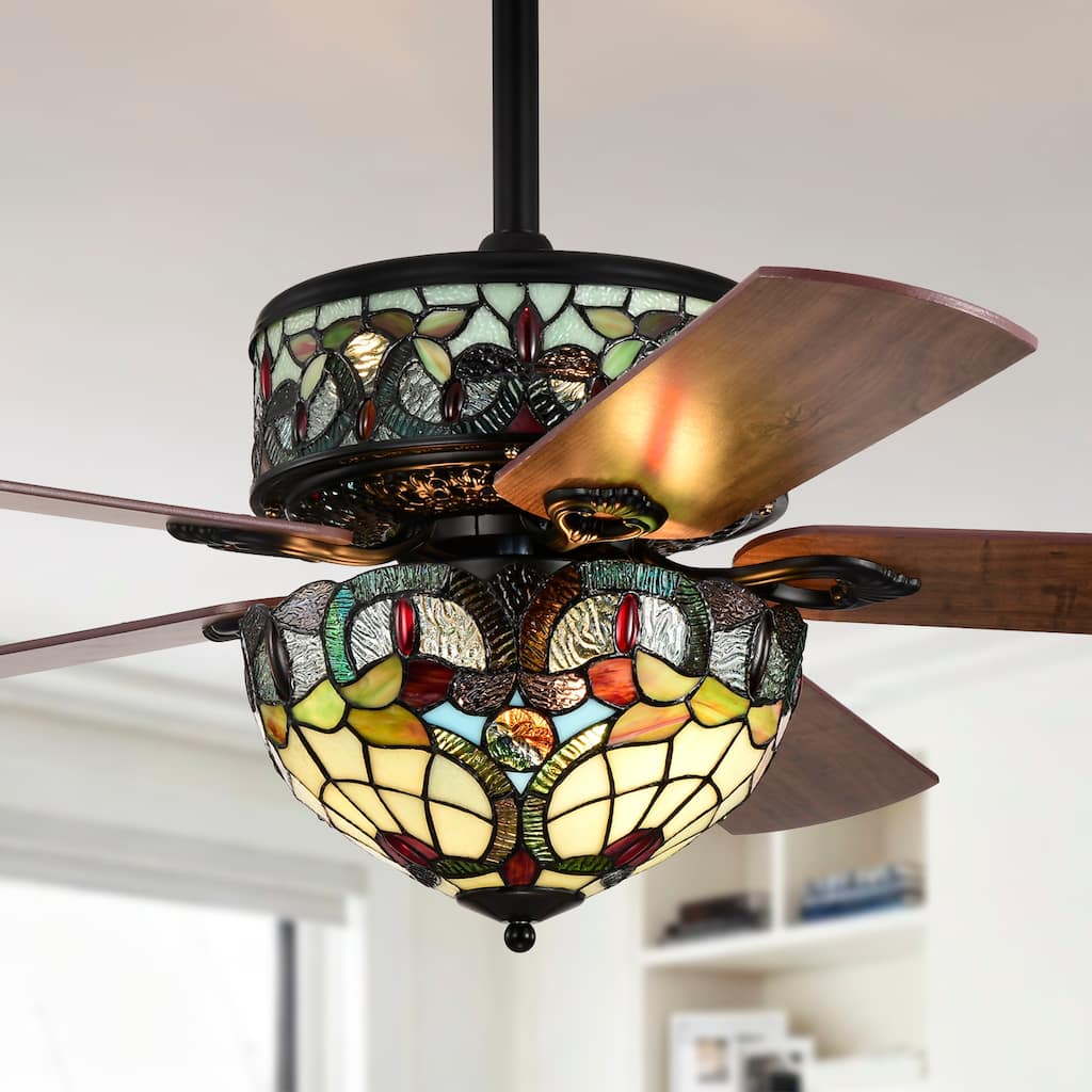 Inio 5-Blade Lighted Ceiling Fan 2-Tier Tiffany Style Glass