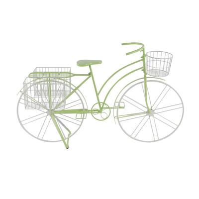 Metal Bike Indoor Outdoor Plantstand with Basket and Saddle Bag Planters - Green - Roche River Decor - 22"W x 63"L x 35"H