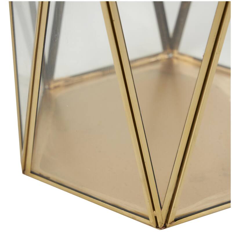 Metal Geometric Triangle Patterned Hexagon Indoor Outdoor Candle Lantern - Set of 3 Gold - CosmoLiving by Cosmopolitan