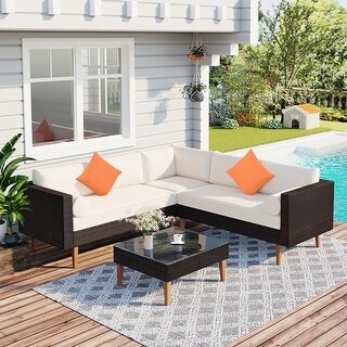4-pieces Outdoor Wicker Sofa Set, Patio Furniture with Pillows, L-shape sofa set