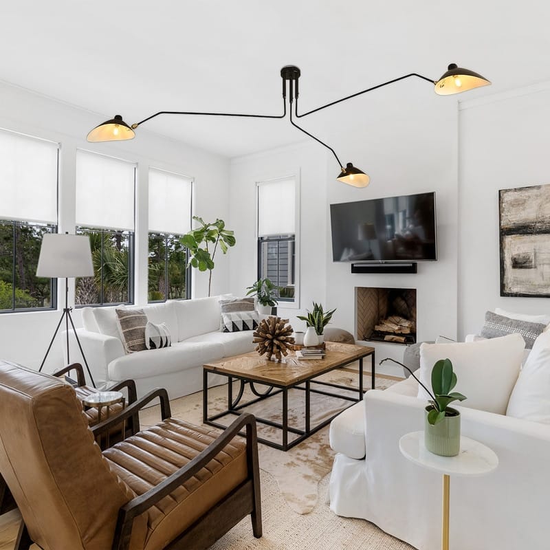 Mid Century Modern Chandelier Black 3 Arm Ceiling Light Living Room - Black