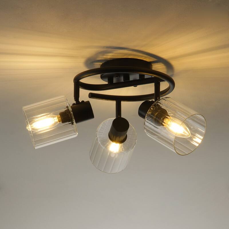 Modern 3 Light Semi-Flush Mount Ceiling Light with Clear Glass Shades and Black Finish