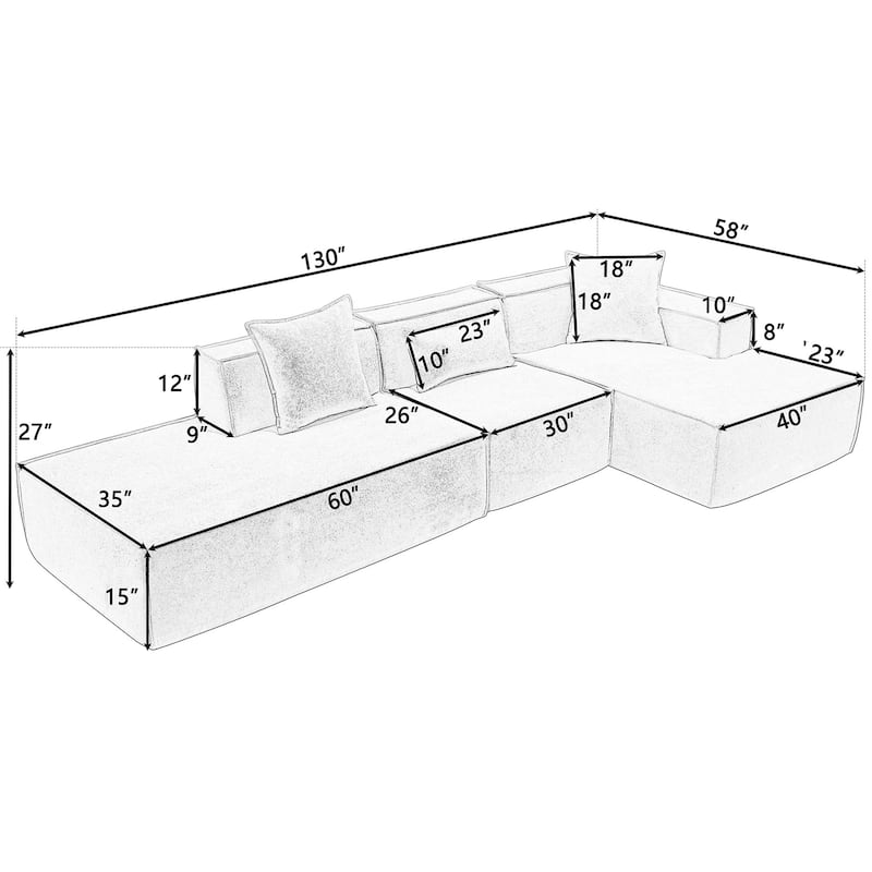 Green 129.5'' L-Shaped 4-Seater Modular Sofa Set with Chaise, Soft Terrycloth Fabric, Perfect for Living Rooms