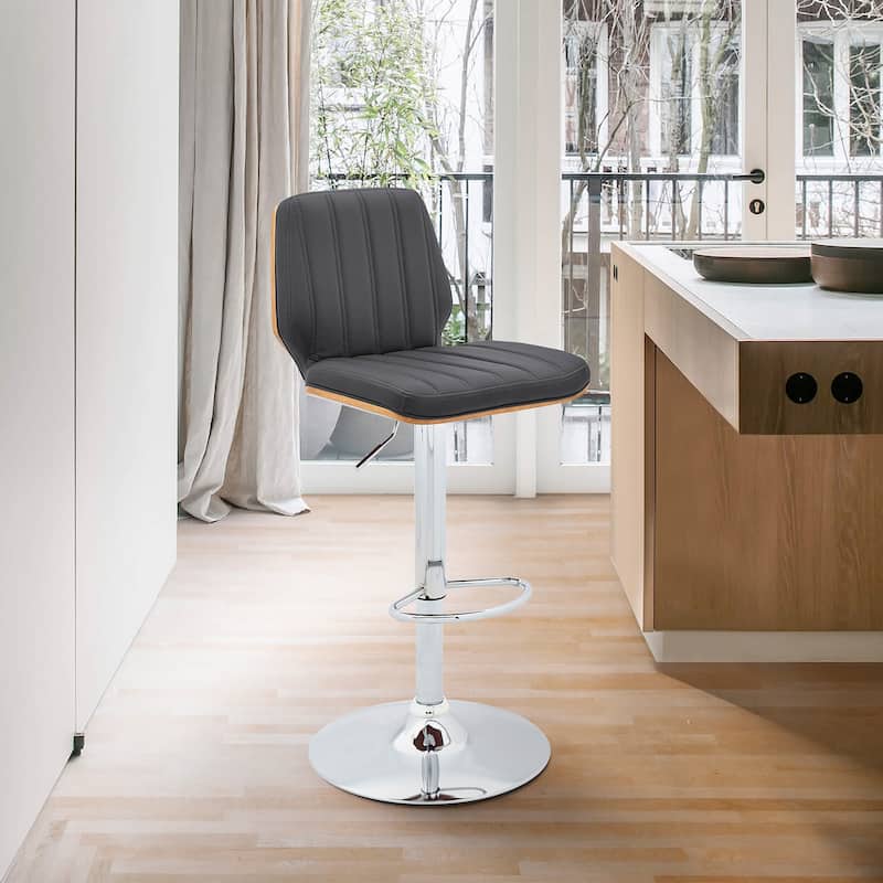 Sabine Black or Walnut Wood and Faux Leather Adjustable Height Bar Stool